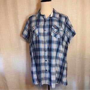 Dressbarn Navy Grey Metallic Plaid Button Down Lace Detail Short Sleeve Plus 1X
